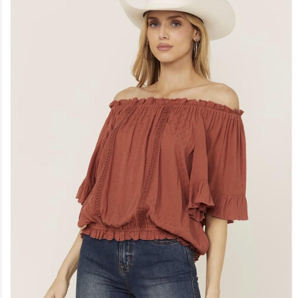 BAND OF THE FREE WOMEN'S SOLID SHORT SLEEVE OFF THE SHOULDER BLOUSE XS NWT